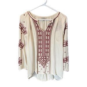Lucky Brand Ivory and Burgundy Embroidered Blouse